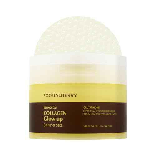 EQQUALBERRY Collagen Glow Up Gel Toner Pads ? Brightening Korean Jelly Pad with Deep Absorption Collagen, Hydrating & Glow-Boosting Formula, 4.73 FL.OZ. (140ml) / 60 Pads