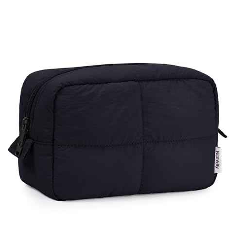Narwey Puffy Makeup Bag for Travel Women Girl, Quilted Makeup Bag Cosmetic Bag, Cute Puffer Make Up Organizer Bags, Travel Toiletry Bag Toiletries (Black)