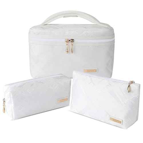 Richeart 3PC Makeup Bag Set, Cationic Jacquard Large Cosmetic Organizer, Back-Coated Solvent-Free Travel Toiletry Bag for Women - White