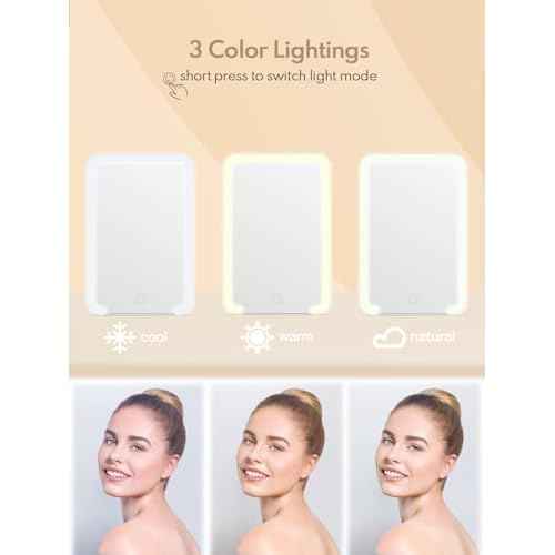 Qislee Travel Makeup Mirror with Lights, 3 Color Modes, 8 x 5 inches Desk Mirror with Foldable Stand, Touch Dimming, Perfect Travel Accessory, White