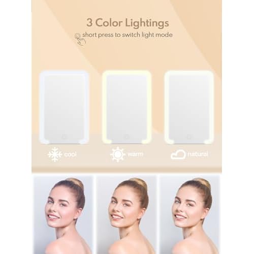 Qislee Magnetic Locker Mirror, 8 x 5 inches Travel Makeup Mirror with Light and Foldable Stand, 3 Color Modes Touch Dimming, Perfect Travel Accessory, White