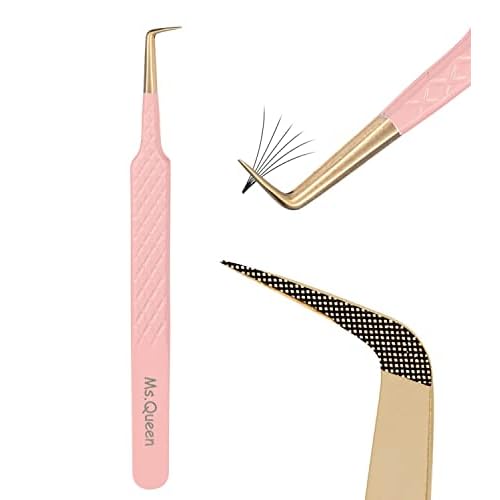 Ms.Queen 90 Degree Lash Tweezers for Eyelash Extensions, Precision Fiber Tip Grip Mega Volume Lash Tweezers