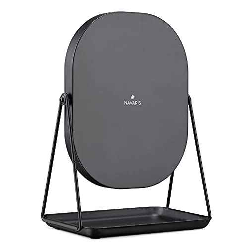 Navaris Vanity Mirror with Tray - Table Top Mirror with Metal Stand and Storage - 7" x 9" Mirror Size - For Makeup, Tabletop, Desk - Black Finish