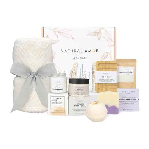 Natural Amor 8-Piece Spa Gift Set with Blanket ? Self-Care Box with Lavender Body Butter, Soap, Candle ? Blanket with Grey Ribbon Gift for Women, Birthday, Holiday