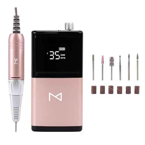 M - E-ZDrill Rechargeable Electric Nail Drill, 35k RPM, Smart Speed & Battery LCD, Portable Lightweight, Forward/Reverse, Aluminum Metal, Acetone Resistant Nail Drill (Rose Gold)