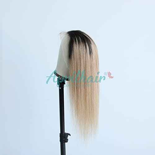 Pre-plucked Ombre #1B/27 Dark Root Honey Blonde Ear To Ear Lace Front Wigs Straight Glueless 150% Density Brazilian Virgin Human Hair With Baby Hair Full (18" inch, Lace Front Wig Straight)