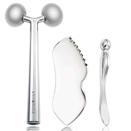 3-in-1 Stainless Steel Facial Massage Set, Face Roller, Gua Sha Tool, Eye Cream Applicator, Silver,Gifts for Women and Girl