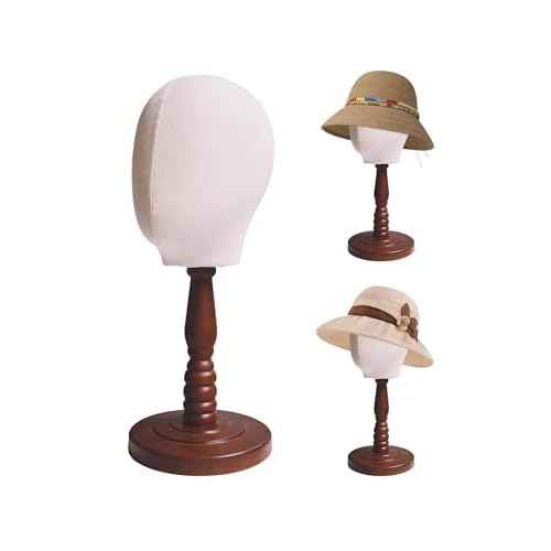 UnPinnable Canvas Mannequin Head Wig Head Stand Mannequin Head Hat Display Wig Head Hat Racks Standing Wig Holder Fabric Mannequin Head Stand for Wigs, Hats, Caps, Headdress, Canvas Dome+Wood Base