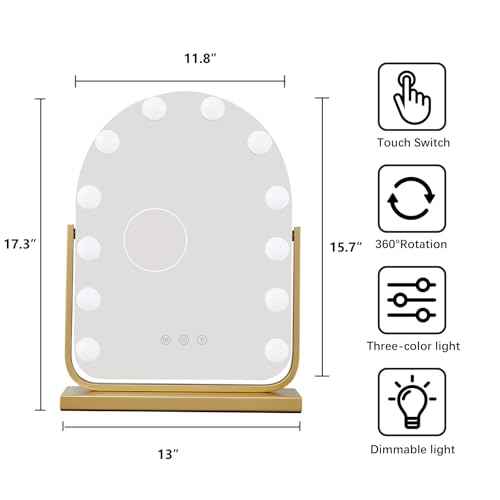 Vanity Mirror with Lights,17.3"¡¿13" Lighted Makeup Mirror with 12 Dimmable LED Bulbs,10X Magnification Smart Touch Control Hollywood Mirror with Lights,3 Colors Dimmable,360¡Æ Rotation (Gold)