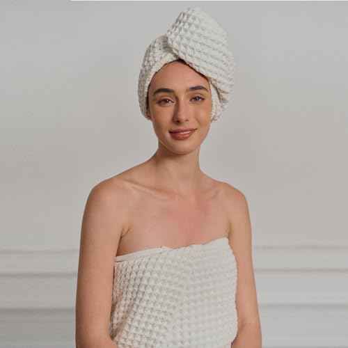 100% Organic Cotton Hair Drying Waffle Towel Wrap for Women | Absorbent & Quick Dry Head Turban for Wet Hair in Shower Sauna Spa, Extra Large for Long Straight Curly Plopping Button (White, 2 PACK)
