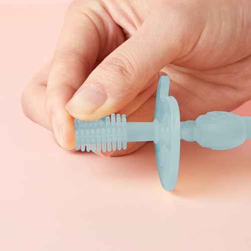 haakaa 360¡Æ Silicone Baby Toothbrush ? 100% Soft Food Grade Silicone, BPA-Free, Suction Base, Safe for Babies 6 Months+, Gentle Gum and Teeth Cleaning for Infants, Gum Massager (Mist Blue)