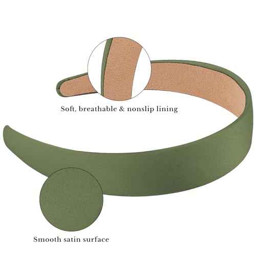 Wecoe Olive Green Headband 1.2 Inch Wide Silk Satin Headband Women Non Slip Fashion Plain Solid Hair Band DIY St Patrick's Day Christmas Hair Accessories for Women Girls Diademas Para Mujer Gifts