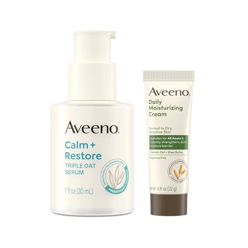 Aveeno Skin-Care Bundle for Sensitive Skin, Calm + Restore Triple Oat Hydrating Facial Serum, 1 fl. oz, & Travel Size Daily Moisturizing Cream + Prebiotic Oat, 0.5 oz, Fragrance Free, Two Items