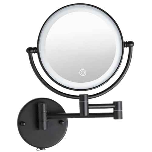 Wall Mounted Makeup Mirror with Lights and 10X Magnification, 8" Rechargeable Double Sided Touch Dimmable Foldable Extended Arm 360 Rotation for Bathroom, Matt Black