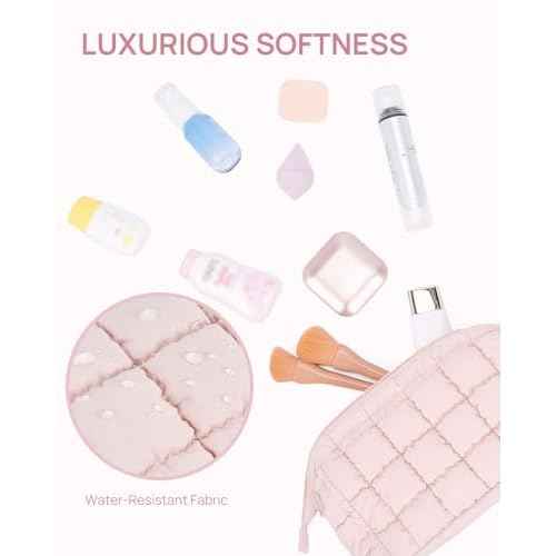 Telena Puffer Makeup Bags for Women, Nylon Puffy Padded Make Up Bags for Women Makeup Organizer Case, Wide-open Makeup Pouch Travel Essentials (Pink-2)