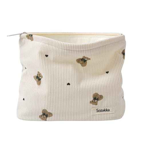 Cute Small Soft Corduroy Zipper Makeup Bag for Purse, Coquette Aesthetic Pouch with Bear Pattern for Women Girls, Kawaii Travel Cosmetic Bags£¨03Beige£©