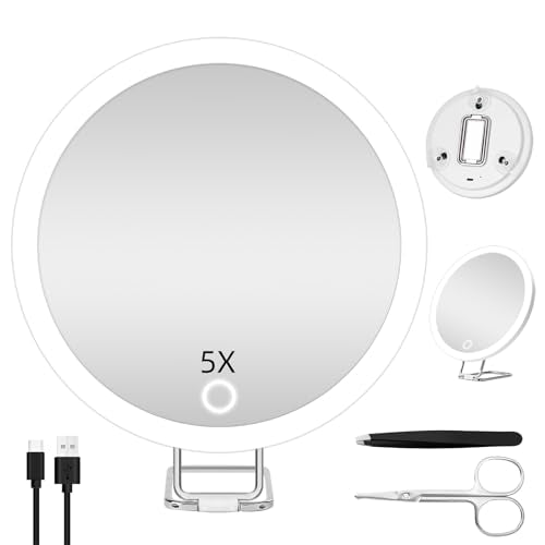 5X Magnifying Mirror with Light, Large 5X Makeup Magnifying Mirror, Lighted 5X Magnification Mirror with Adjustable Stand & Suction Cup, 6inch Travel Magnifying Mirror Compact 5X LED Magnifying Mirror