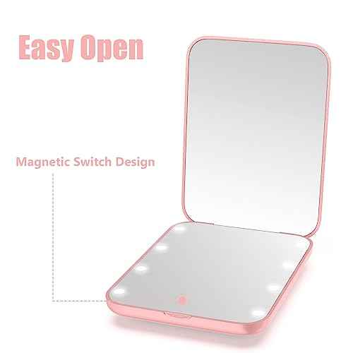 WOBSION Small Mirror with Lights,LED Compact Makeup Mirror,1x/3x Mini Travel Mirror with Magnification,Portable for Purse,Pocket,Gifts for Girls,Rose Gold