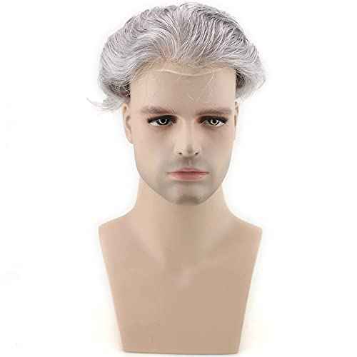 Dreambeauty Human Hair Toupee for Men 10x8 inch, European Human Hair Lace Front Natural Hairline Hair Pieces 0.08mm Thin Skin PU V-looped Men's Hair Replacement System (20% #1B Color Mixed 80% Grey Synthetic Hair)