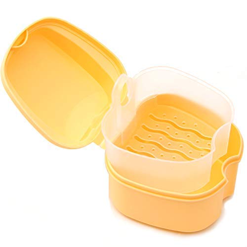 Denture Case, Denture Cup with Strainer, Coolrunner Denture Bath Box False Teeth Storage Box with Basket Net Container Holder for Travel, Retainer Cleaning