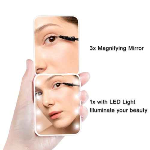 Compact Mirror, 1x/3x Magnification Mini Mirror for Purse, Pocket, Handheld, Stocking Stuffers, Travel Makeup, 2-Sided Foldable, Small Mirror with Led Lights