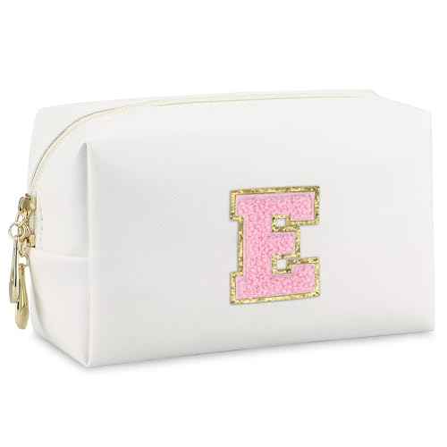 Initial Makeup Bag,Personalized preppy bag Waterproof PU Leather Chenille Letter Cosmetic Bag,Portable Travel Toiletry Bag Monogram Birthday Gift for Women Girls Mom Friends (Letter E)
