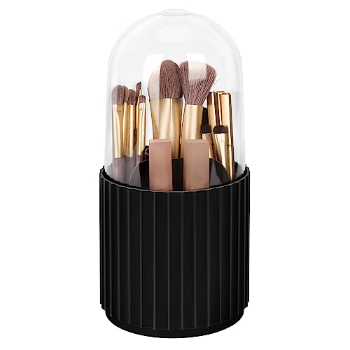 JessLab Makeup Brush Holder Organizer with Lid, 360 Degree Rotatable Spinning Cosmetics Holder Display for Bathroom Vanity Countertop, Black