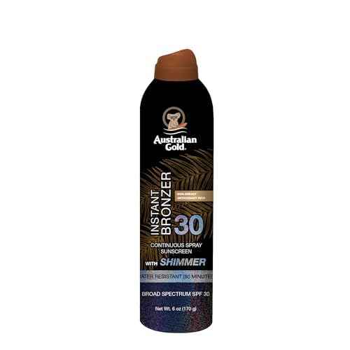 Australian Gold SPF 30 Continuous Sunscreen Spray with Instant Bronzer & Shimmer, 6 oz, Broad Spectrum UVA/UVB Protection, Water Resistant Scented Spray Sunscreen, Cocoa Dreams Fragrance