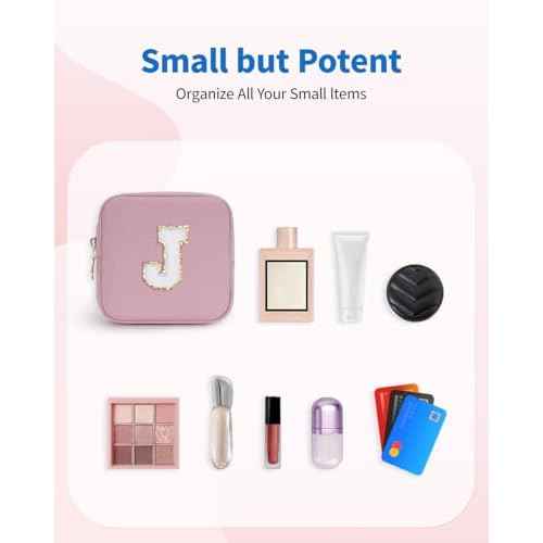 Wandering Nature Personalized Mini Initial Makeup Bag with Glitter Chenille Letter Patch, Small Preppy Makeup Bag with Slip-In Pockets, Ideal Gift for Valentine's Day Mother's Day (Patent Pending)