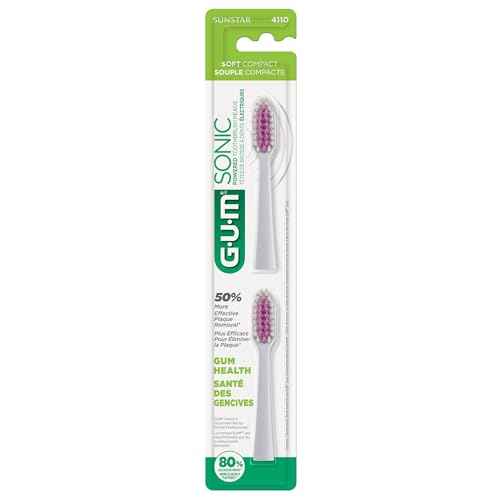 GUM Sonic Powered Toothbrush Refills, Tapered Bristles Clean Below The Gumline, White 2 Count(Pack of 2)
