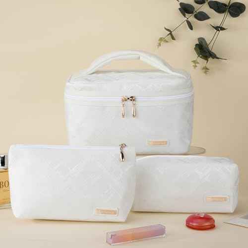 Richeart 3PC Makeup Bag Set, Cationic Jacquard Large Cosmetic Organizer, Back-Coated Solvent-Free Travel Toiletry Bag for Women - White