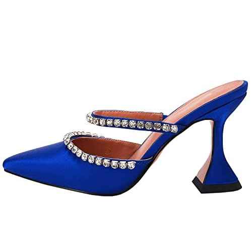 VETASTE Women's Pointed Toe Strappy Heels Crystal Satin Heeled Mules Wedding Party Shoes