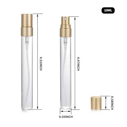 20Pcs 10ml Empty Clear Glass Mist Spray Bottle Refillable Mini Perfume Atomizer Travel Sample Bottle with Golden Aluminized Nozzle Makeup Container for Perfume (10ml Gold Caps)