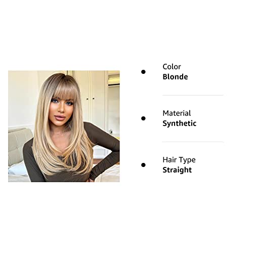 HAIRCUBE Long Blonde Wigs for Women Straight Synthetic Layered Wig with Bangs and Dark Roots