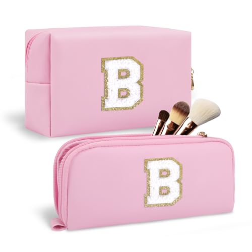 2Pack Personalized Initial Letter Patch Makeup Bag,Pink Cute Preppy Cosmetic Bag with Small Makeup Brush Bag,PU Travel Toiletry Zipper Pouch,Personalized Gifts for Women Teen Girls Friend Mom,Letter C