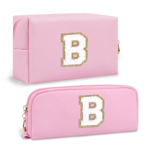 2 Pieces Personalized Initial Cosmetic Bag with Small Makeup Brush Bag, Pink Cute Preppy Cosmetic Travel Toiletry Zipper Pouch, Waterproof Make Up Bags Birthday Bridal Shower Gifts for Women(Letter B)