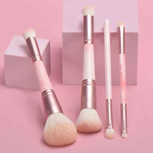 4PCS Pink Dual-Ended Makeup Brushes Set, Soft Synthetic Fiber Foundation Concealer Blending Eyeshadow Kabuki Brush, Travel-Friendly with Pouch, Vegan & Cruelty-Free