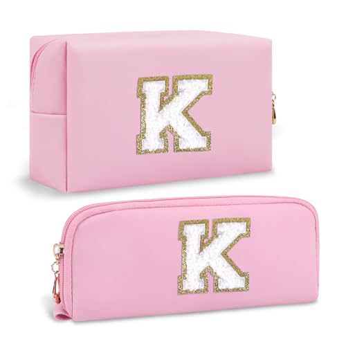 2 Pcs Makeup Bag Personalized Gifts Initial Cosmetic Bag with Small Makeup Brush Bag, Pink Cute Preppy Travel Toiletry Zipper Pouch,Waterproof PU Makeup Organizer Christmas Gifts for Women(Letter K)