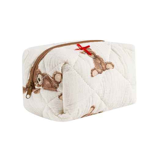Cute Small Floral Cotton Makeup Bag, Quilted Zipper Pouch with Coquette Bear for Women and Girls, Kawaii Travel Cosmetic Bags for Purse(01Little Bear)