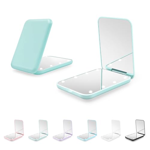 Compact Mirror, 1X/3X Magnification LED Pocket Mirror with Nternal BIattery, Mini Mirror for Purse, Pocket,Travel and Present (Mint Green)