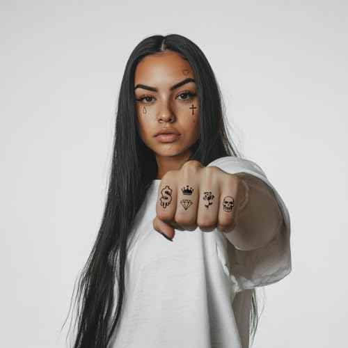 Los Vatos Finger and Face Temporary Tattoos - Chicano Cholo Chola Finger Tattoos For Men and Women. Small Cross, teardrop, Gangsta Tears, Thug Prison Fake Tattoos for Halloween, Tatuajes Temporales