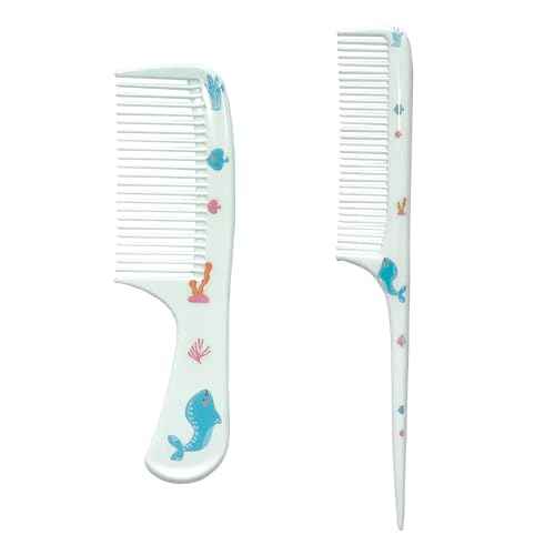 Small Cute Hair Comb,2 Piece Mini Hair Comb Set Toddler Combs Set for Girls Boys Kids Fine Tooth Rat Tail Comb Portable Plastic Hairdressing Combs Gift For Wet And Dry Hair (Blue Whale)