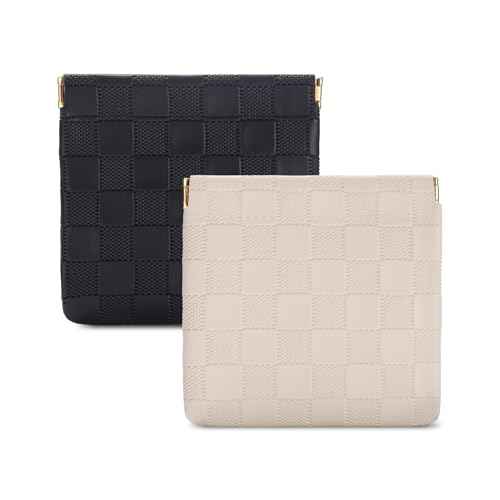Sightor 2PCS Small Makeup Bag for Purse, Mini Cosmetic Bag Waterproof Pouch for Women, Checkered Purse Self-closing Small Travel Kit Coin Lipstick Cosmetic Storage Bag (Black, Beige)