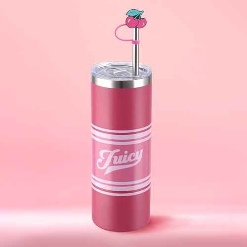 Juicy Couture Glam Slip 24oz Stainless Steel Hydration Tumbler with Straw Topper, Hot Pink Varsity
