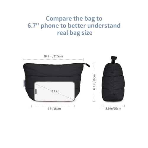 Narwey Small Makeup Bag for Travel Women Girl, Puffer Cosmetic Bag Makeup Pouch for Purse with Zipper, Cute Puffy Make Up Organizer Bags, Travel Toiletry Bag Toiletries (Black)