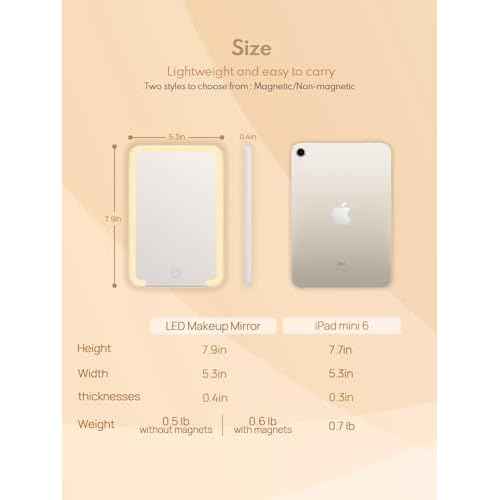 Qislee Travel Makeup Mirror with Lights, 3 Color Modes, 8 x 5 inches Desk Mirror with Foldable Stand, Touch Dimming, Perfect Travel Accessory, White