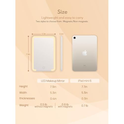 Qislee Magnetic Locker Mirror, 8 x 5 inches Travel Makeup Mirror with Light and Foldable Stand, 3 Color Modes Touch Dimming, Perfect Travel Accessory, White