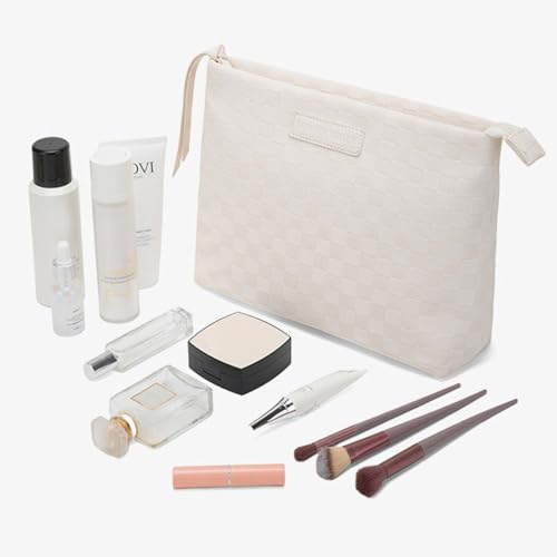 cirea Creamy Puffer Large Capacity Travel Cosmetic Bag for Women Skincare Care with Compartments White Makeup Bag (Plaid-Coffee)