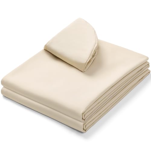 Comfyanno Massage Table Sheets Sets, 3 Pcs Professional Microfiber Massage Bed Cover Sheets, Soft, Light-Weight, Stain & Wrinkle Resistant, Includes Flat & Fitted Sheet, Face Cradle Cover - Natural