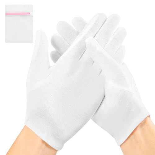AIRSEE 2 Pairs White Cotton Gloves with Laundry Bag, Overnight Moisturizing SPA for Dry Hands and Eczema, Work Glove, Stretchy Fit for Men and Women, Regular M